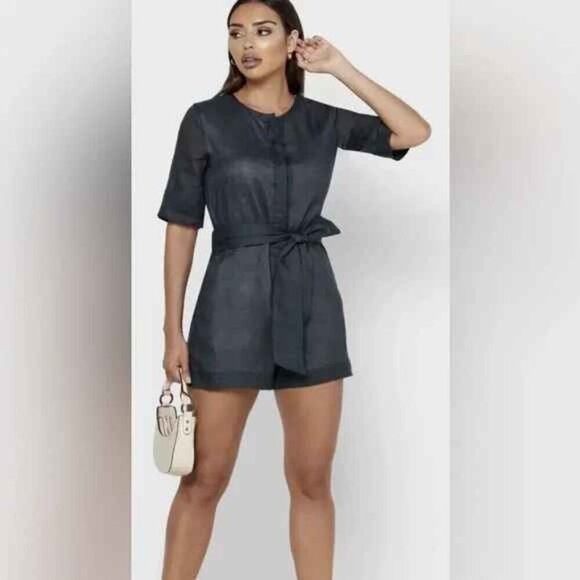 NEW Banana Republic Sash-Waist Ramie Romper Green Slate Lined Sheer 0 Petite - Picture 3 of 8